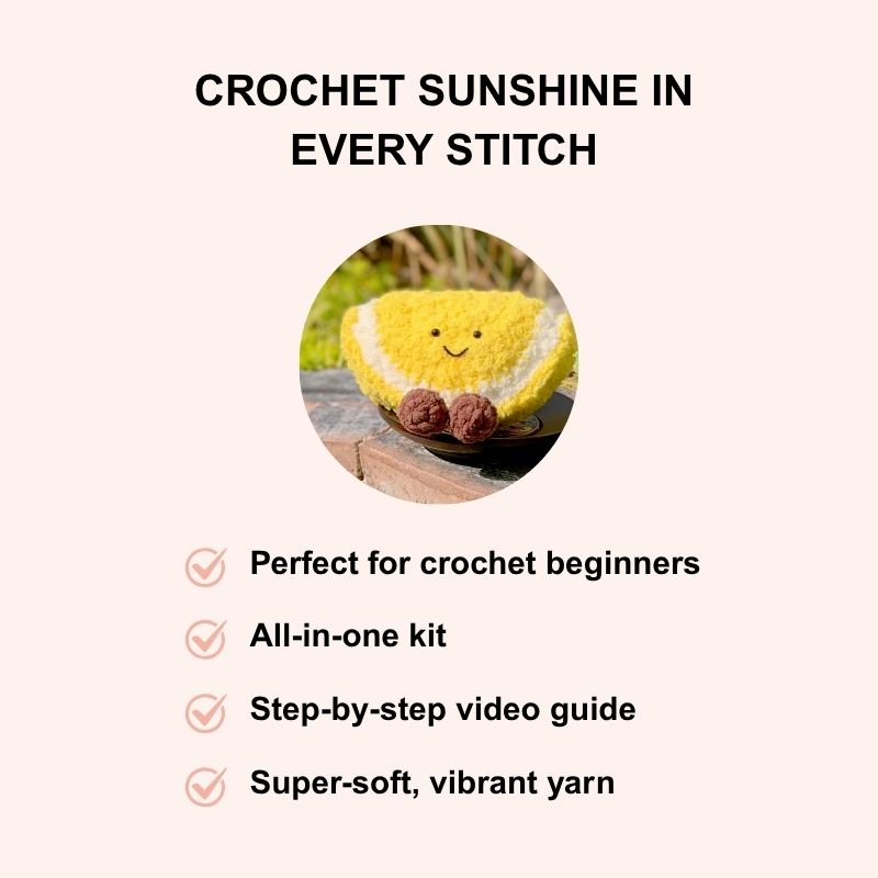 Puddingcase baby lemon crochet kit with smiling plush toy and benefits list, ideal for beginners and DIY yarn craft lovers