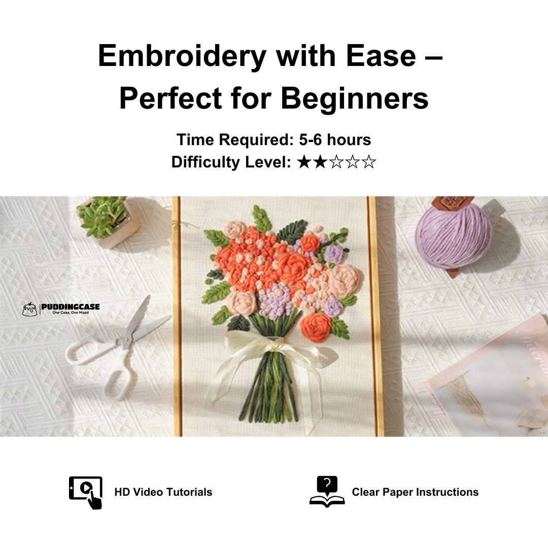 Puddingcase punch needle kit featuring a floral design, estimated time to complete is 5-6 hours with a beginner-friendly difficulty level, includes HD tutorials and clear instructions.