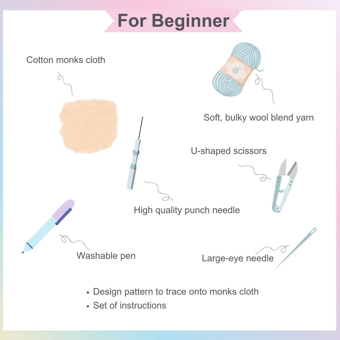 Beginner-friendly Puddingcase Punch Needle Kit materials, including yarn, monks cloth, punch needle, and scissors
