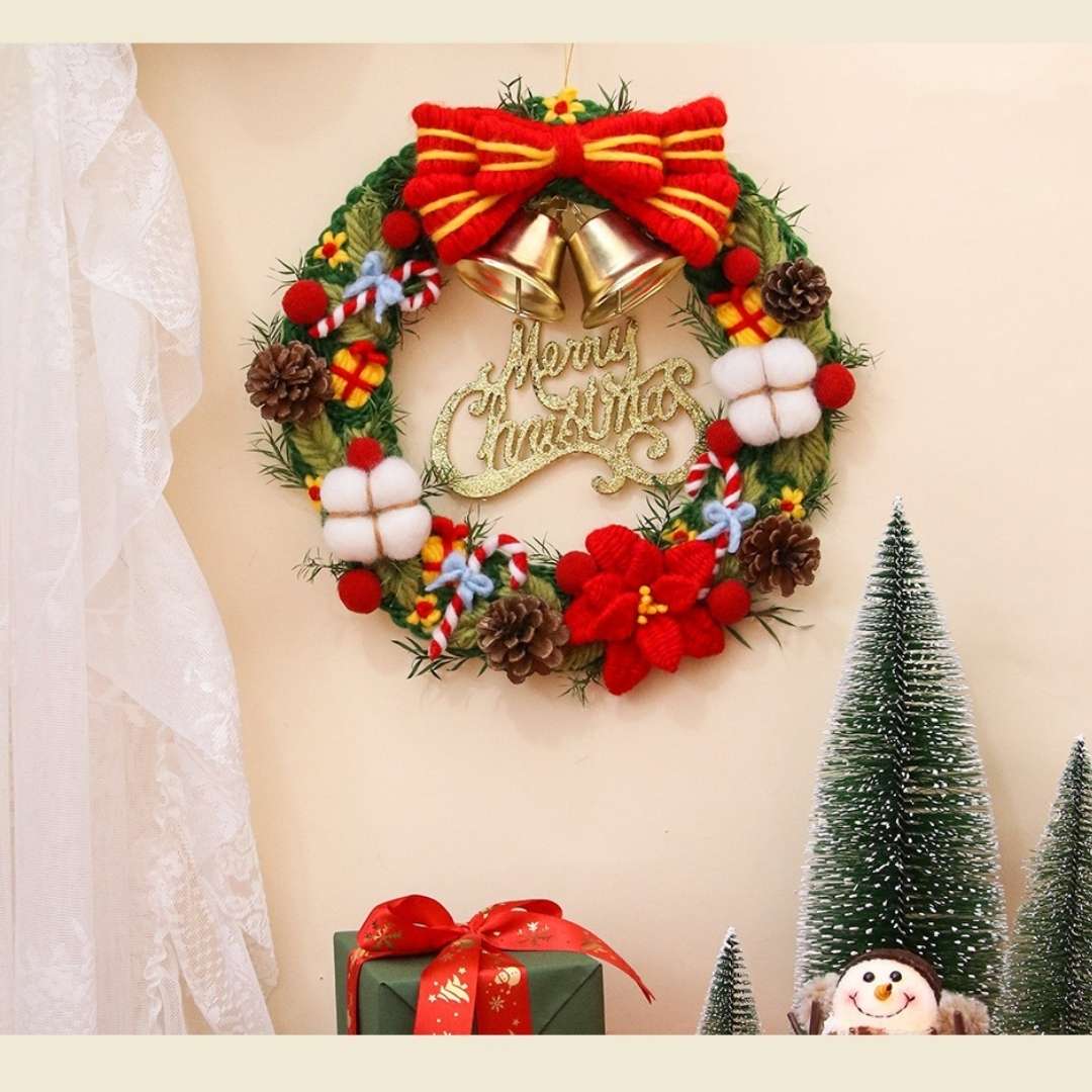 Punch needle Christmas wreath kit by Pudding Case, featuring a pre-drawn design and high-quality accessories.