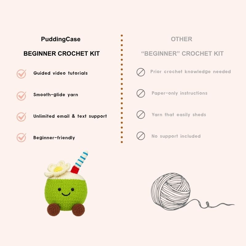Puddingcase Coconut Cutie crochet kit compared with others, highlighting beginner-friendly features and smooth yarn