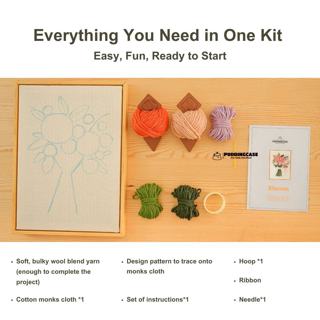 Puddingcase punch needle kit featuring all included materials: pre-drawn cotton monks cloth, soft yarn, hoop, ribbon, needle, and instruction guide, ideal for beginners and DIY embroidery enthusiasts.