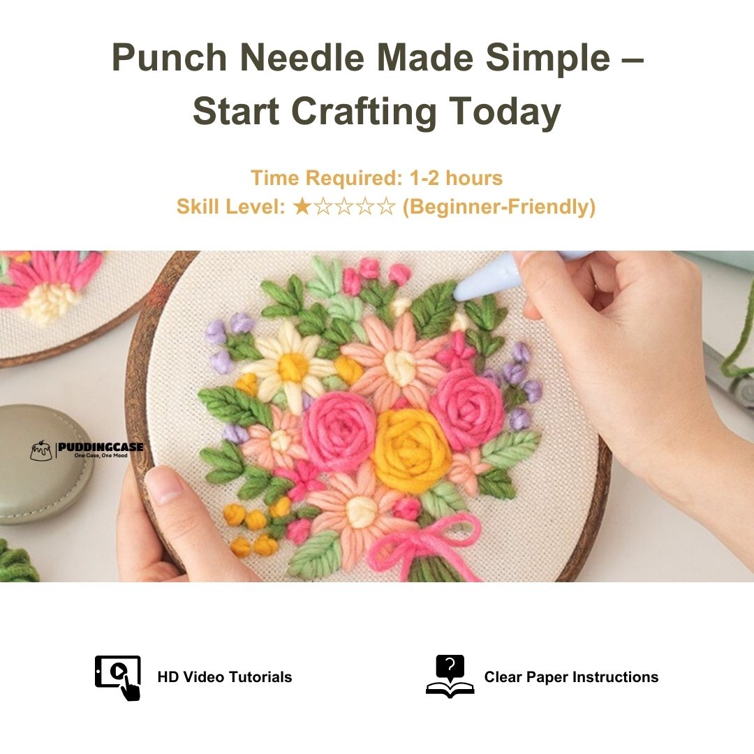 Puddingcase punch needle kit with a vibrant floral bouquet embroidery design, ideal for beginners and DIY crafting enthusiasts.