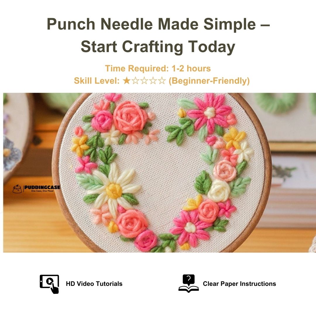 Puddingcase punch needle kit featuring a colorful floral wreath embroidery design, perfect for beginners and DIY home decor projects.