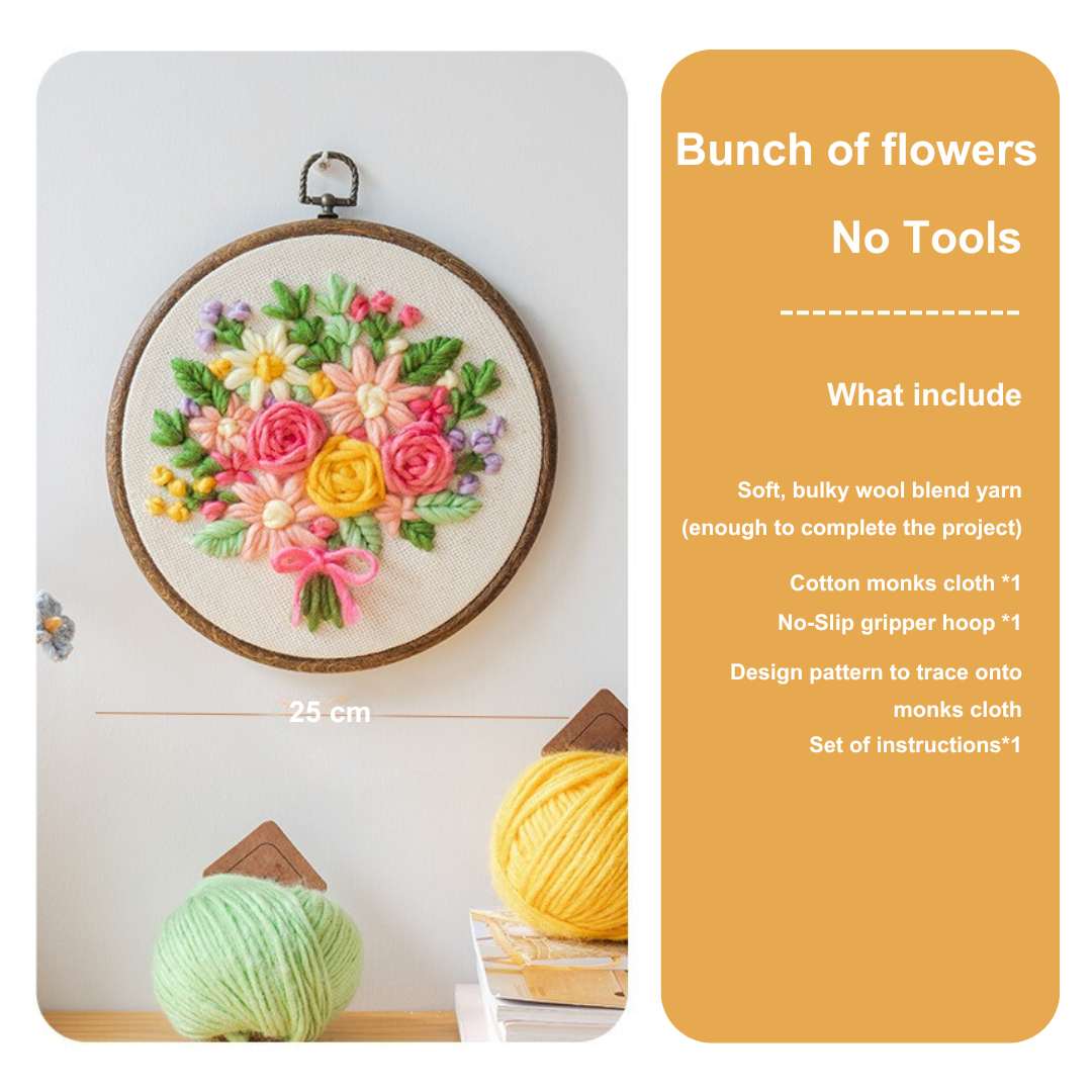 Puddingcase Flower Bouquet Punch Needle Kit (no tools) with yarn, monks cloth, hoop, pattern, and instructions for DIY embroidery