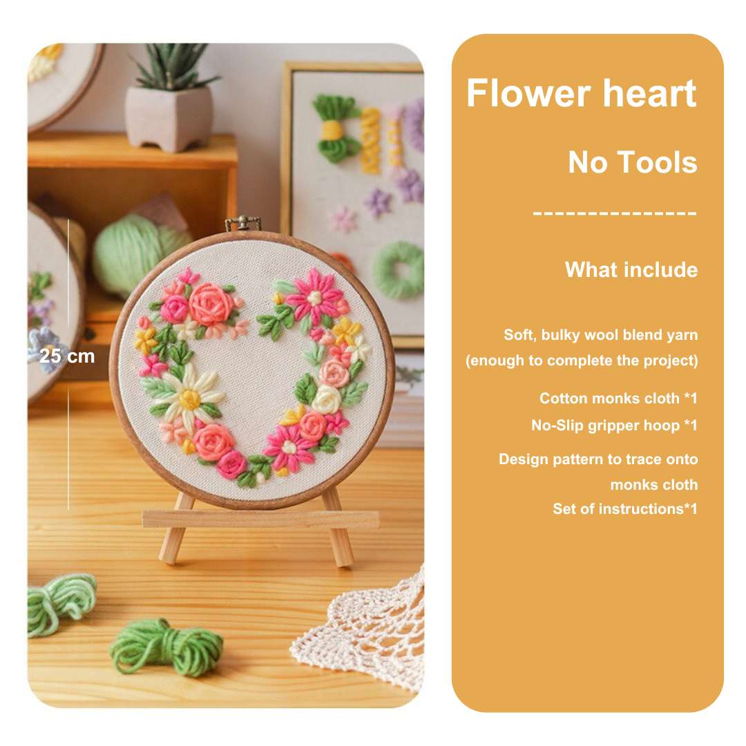 Heart floral punch needle kit without extra tools, featuring pre-drawn patterns, yarn, and instructions for crafting
