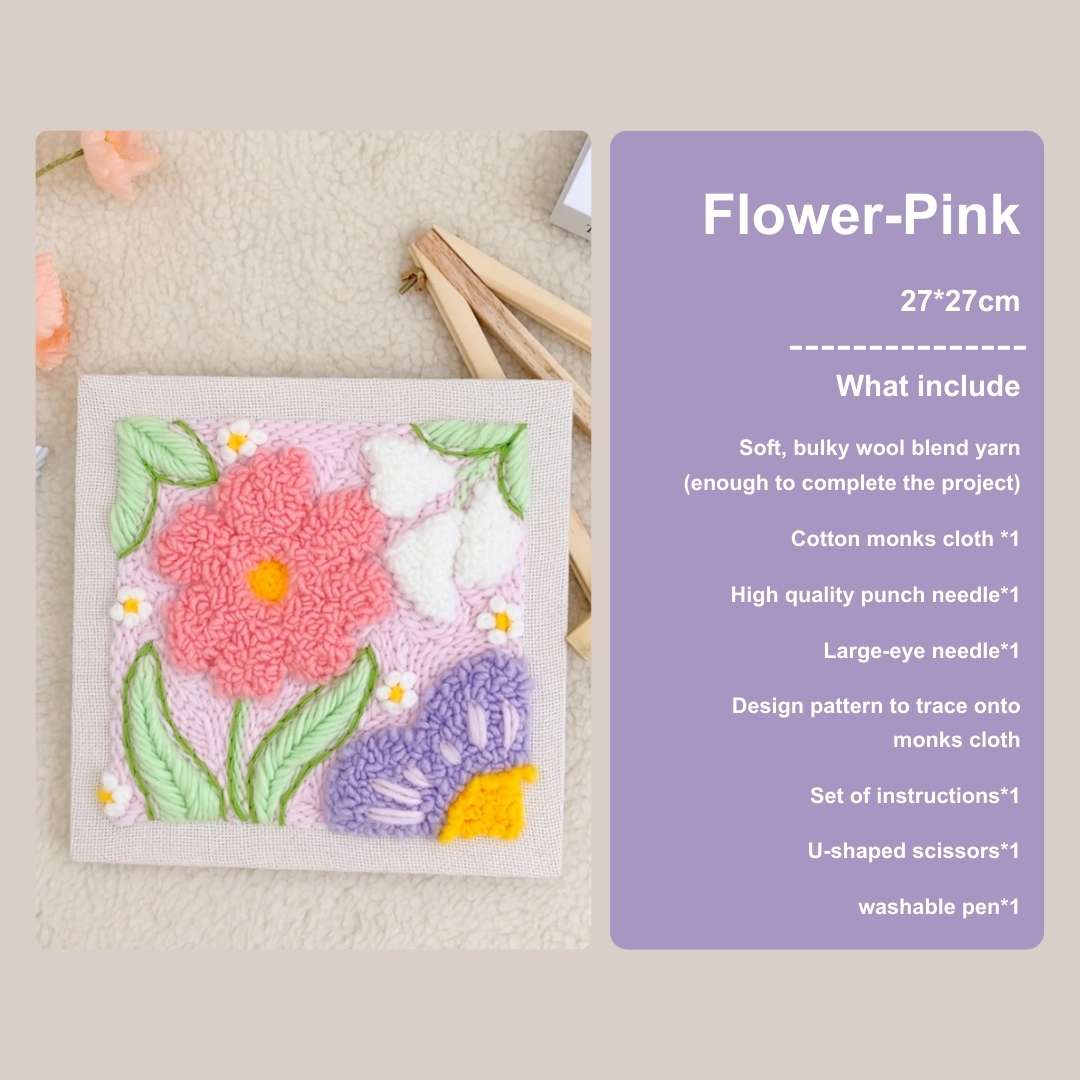 Puddingcase Flower-Pink Punch Needle Kit, 27x27cm embroidery design with yarn, hoop, and detailed instructions for DIY crafts