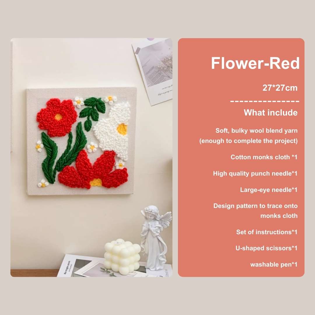 Puddingcase Flower-Red Punch Needle Kit, complete craft kit with 27x27cm floral embroidery pattern, tools, and instructions