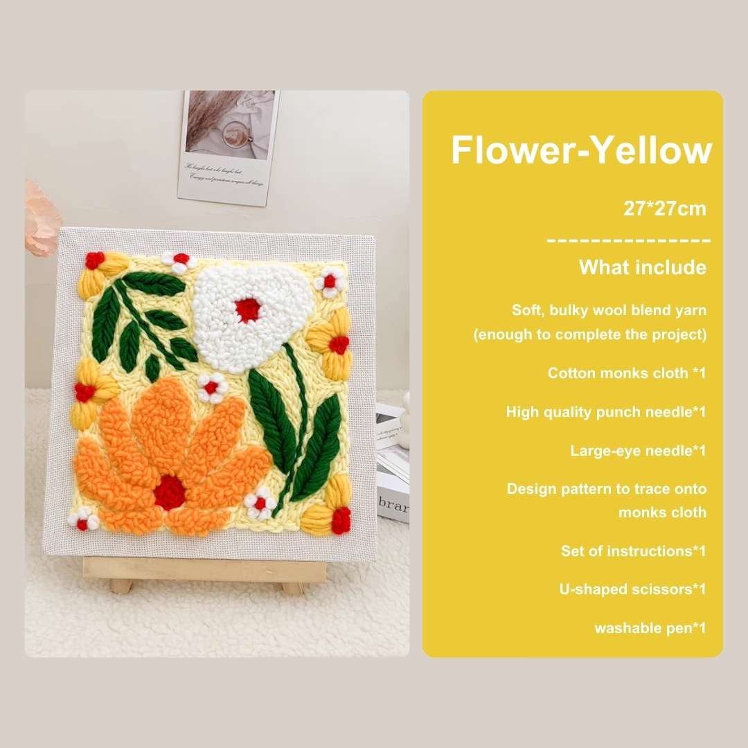 Puddingcase Flower-Yellow Punch Needle Kit, beginner-friendly DIY craft kit with 27x27cm floral embroidery design