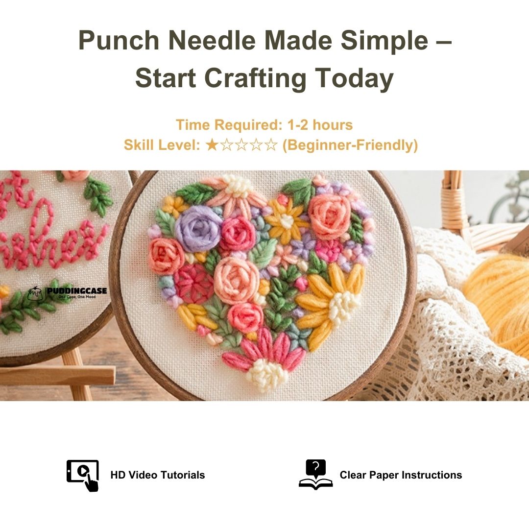 PuddingCase punch needle kit featuring a colorful heart-shaped floral embroidery design in a wooden hoop, perfect for DIY crafts and beginners.