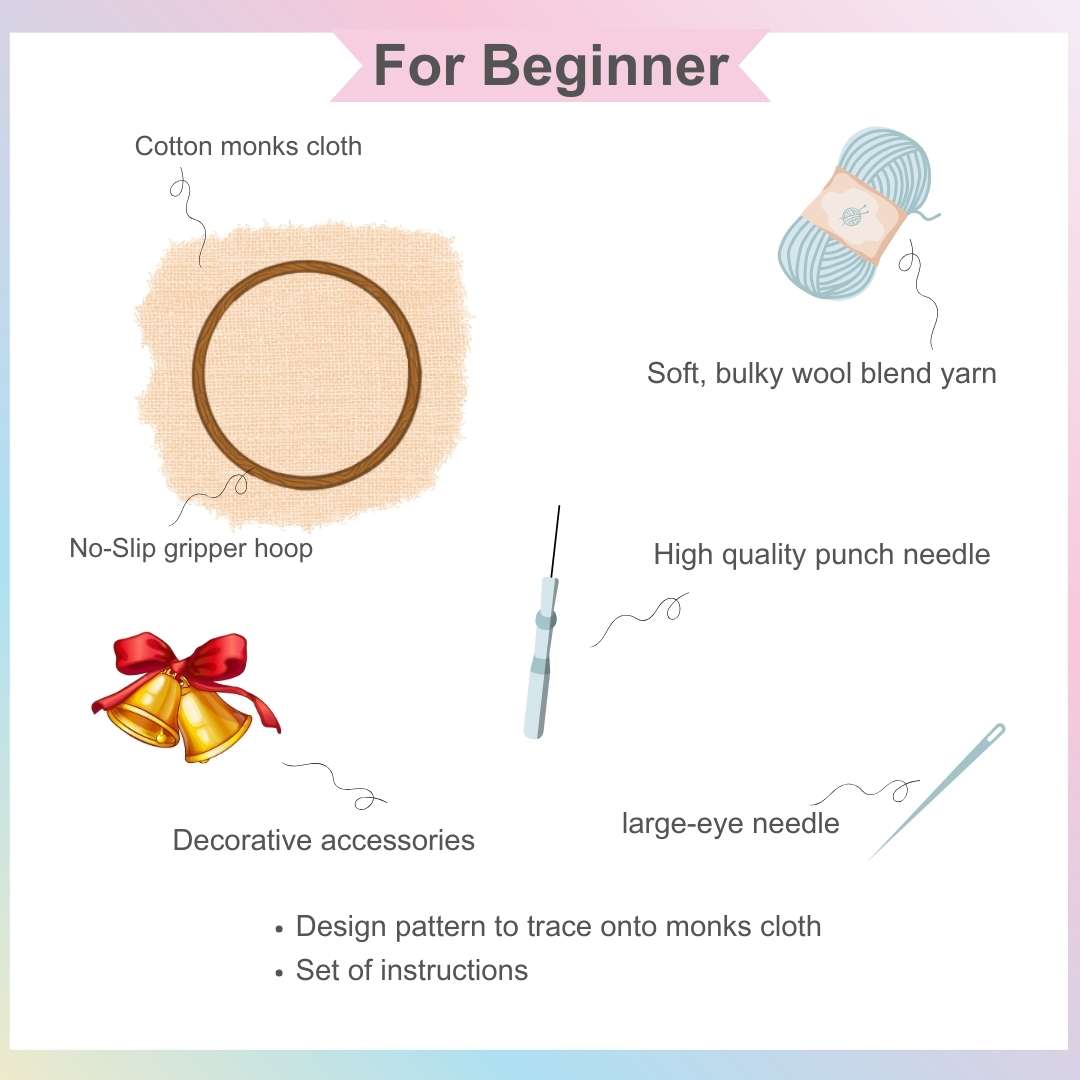 Beginner-friendly punch needle Christmas wreath crafting kit, featuring vibrant colors and decorative elements.