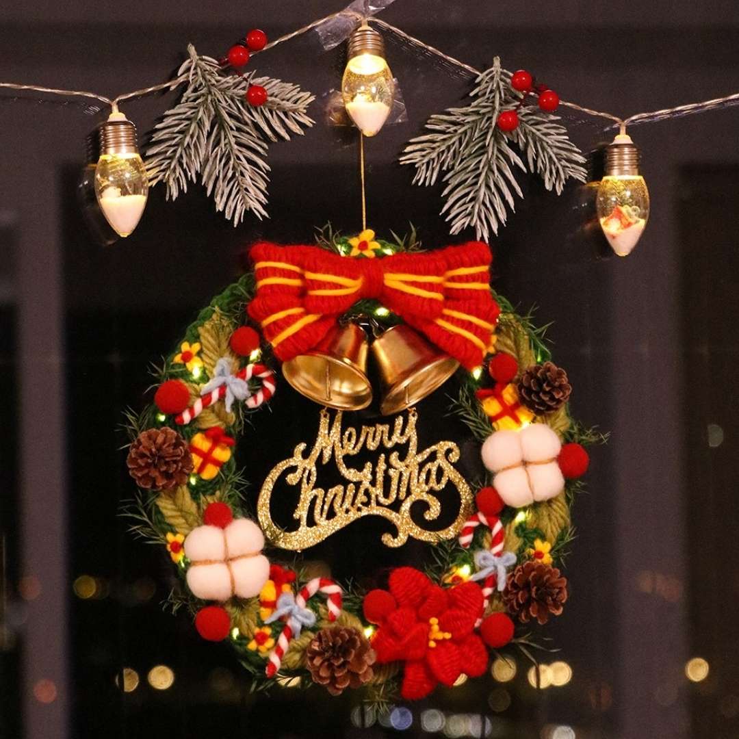 Beginner-friendly punch needle Christmas wreath crafting kit, featuring vibrant colors and decorative elements.