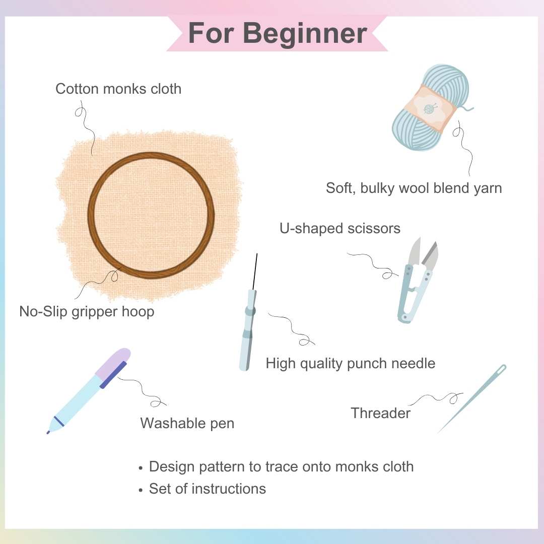 Beginner-friendly punch needle kit guide showing tools like scissors, threader, washable pen, and instructions for crafting