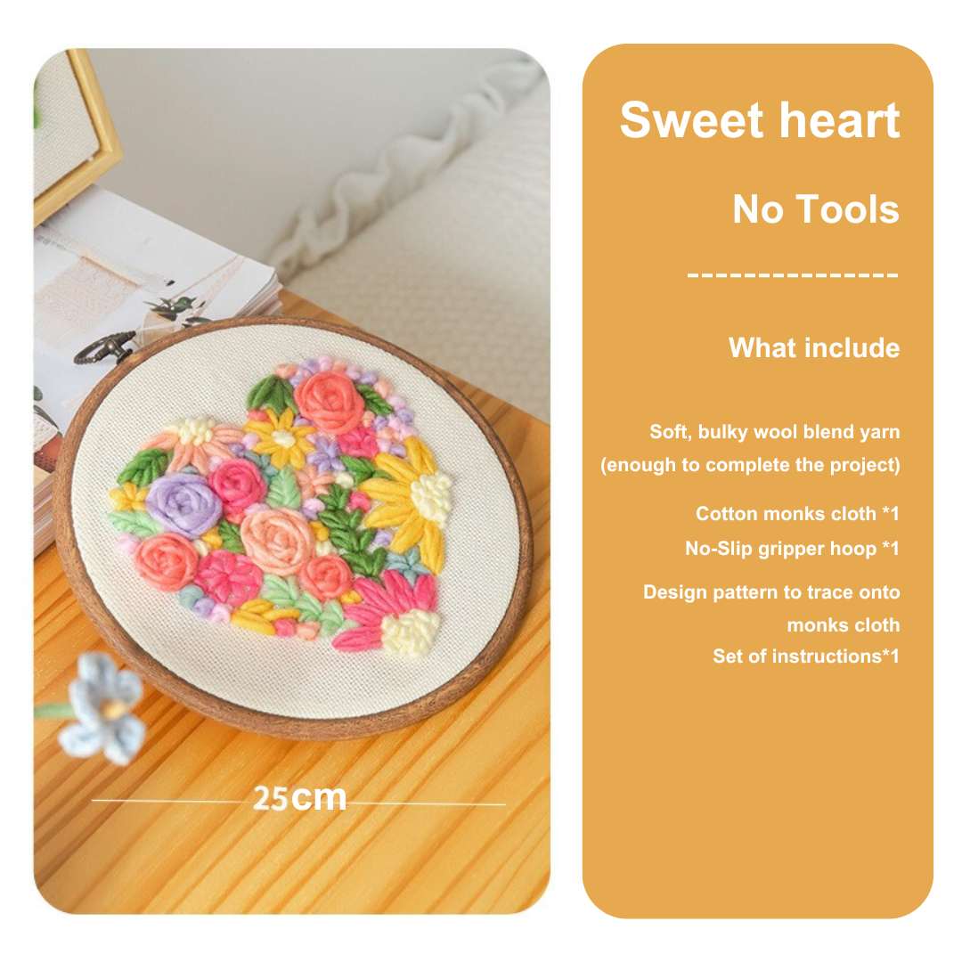 Puddingcase "Sweet Heart" punch needle kit (no tools) with yarn, monks cloth, hoop, pattern, and DIY instructions.