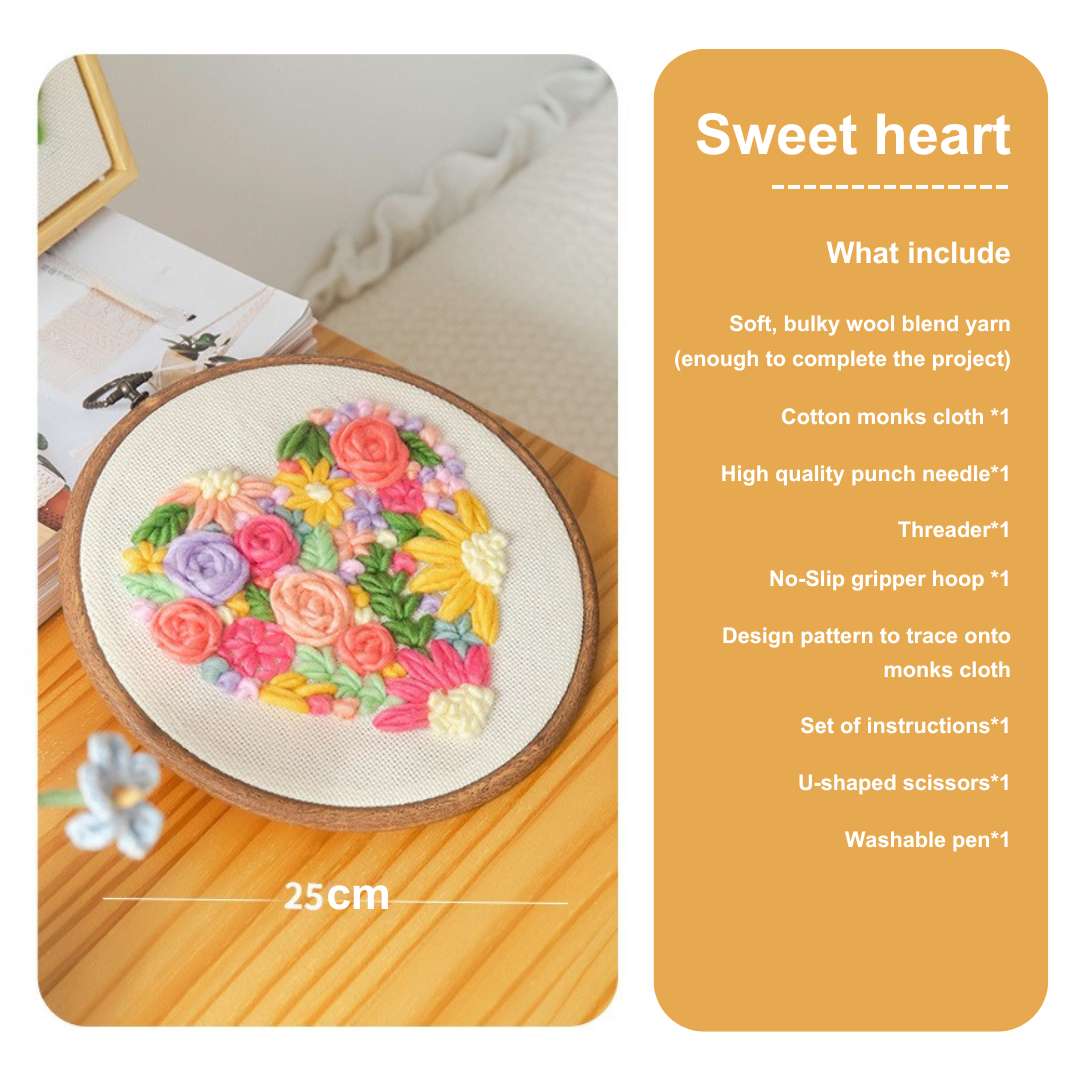 Puddingcase punch needle kit featuring a 25cm heart-shaped floral embroidery design with materials for DIY beginners.