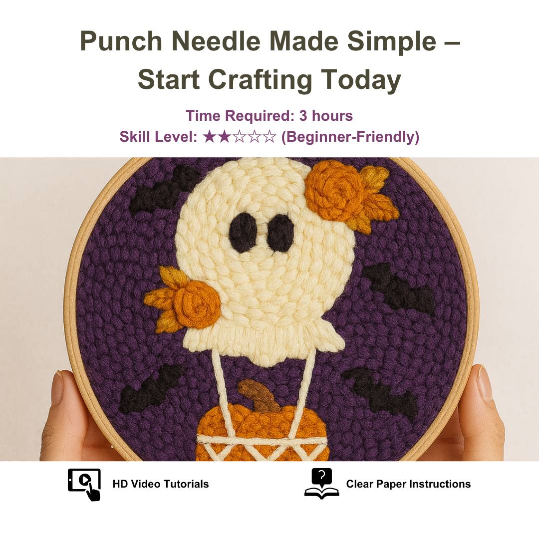 Punch needle art of a ghost with pumpkins on a purple background, held in a wooden hoop.