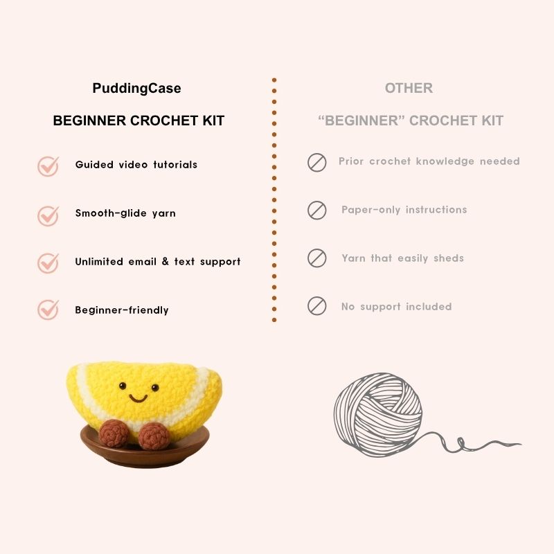 Comparison of Puddingcase beginner crochet kit vs other kits, highlighting guided tutorials, smooth yarn, and support benefits
