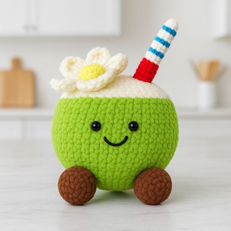 Cute green coconut drink plushie from Puddingcase crochet kit, with smiling face, flower and striped straw