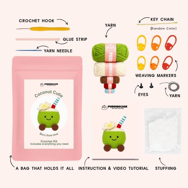  Puddingcase Coconut Cutie crochet kit with colorful yarn, hook, stuffing, instructions, and keychain