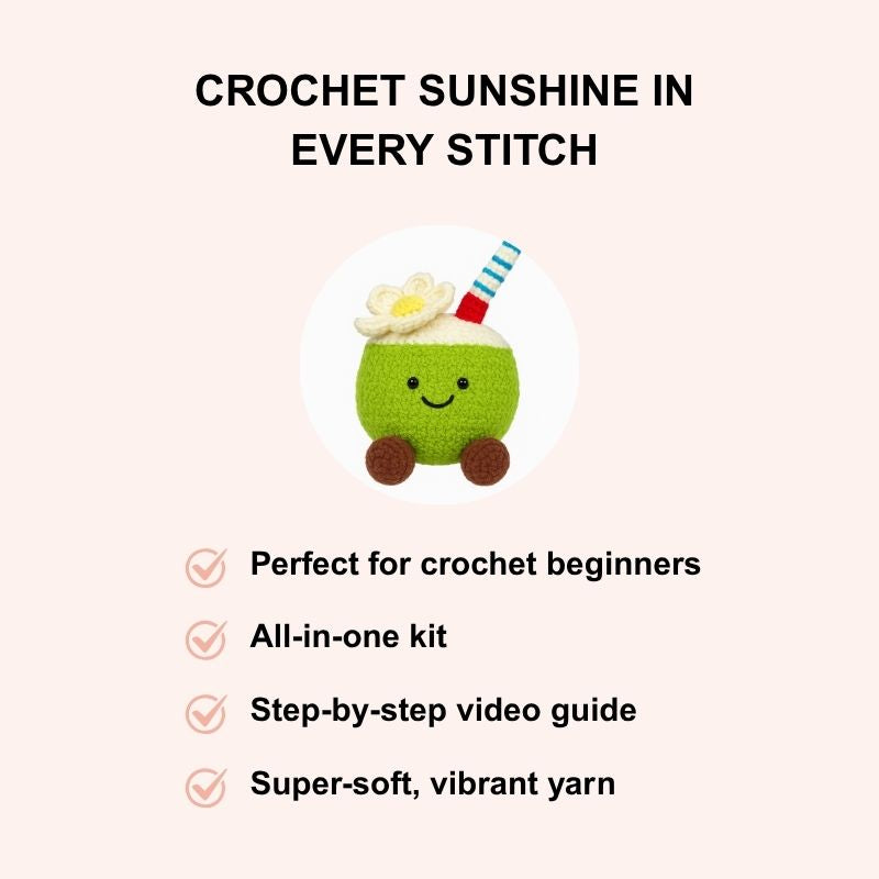  Features of Coconut Cutie crochet kit by Puddingcase: beginner-friendly, video guide, vibrant soft yarn