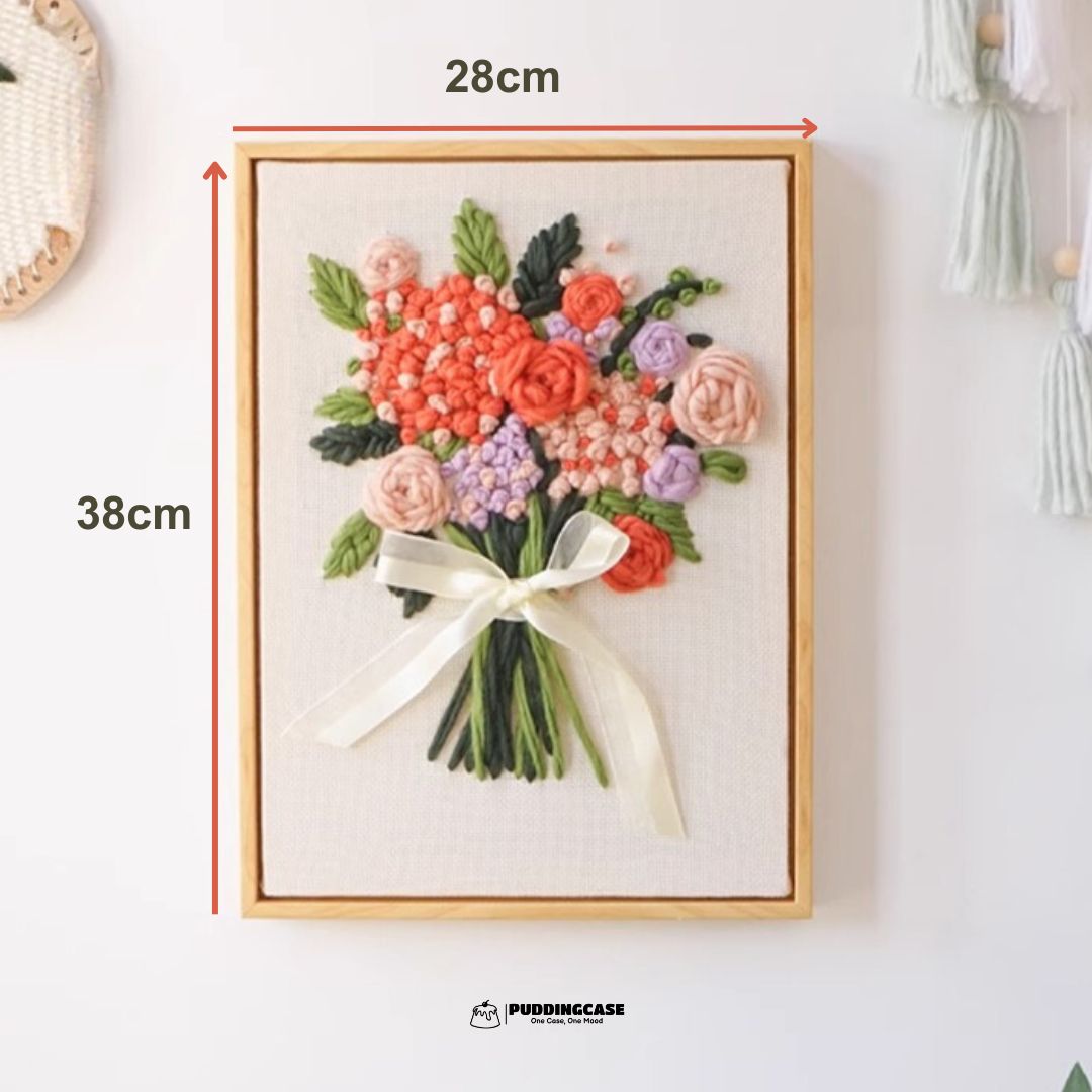 Puddingcase punch needle kit featuring a vibrant floral bouquet design with dimensions of 28cm by 38cm, perfect for DIY embroidery and elegant home decor.