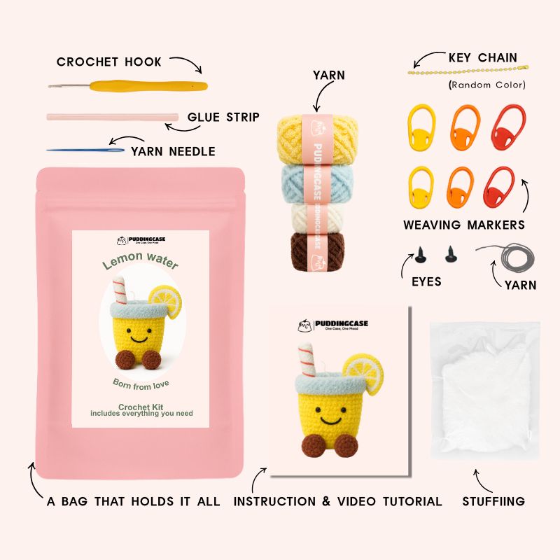 Puddingcase crochet kit with colorful yarn, hook, and accessories for making a cute lemon water amigurumi plush